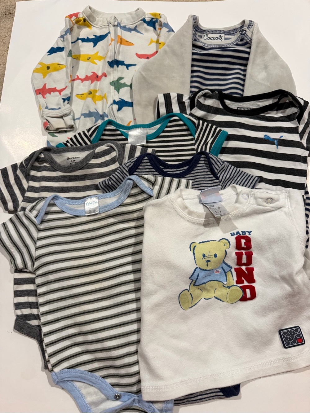 Baby Boy 0-3M Bundle 8 Pcs - Old Navy Shark Footie Puma Gerber Baby Gund Stripe